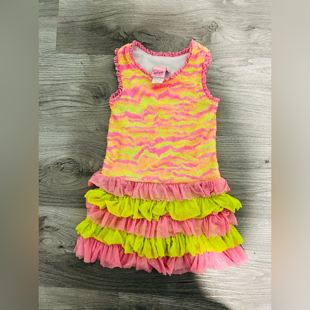 Lipstick Girl 3T Pink & Neon Yellow Ruffled Girls Dress